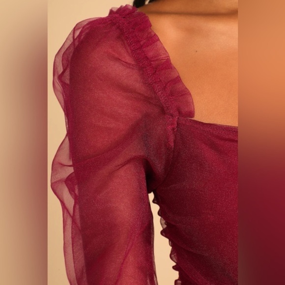 Lulus Burgundy Tulle Ruched Long Sleeve Bodice Bodysuit Size XS Party Night out - Picture 8 of 9